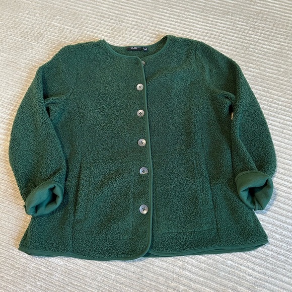 Susan Graver Teddy Boucle Forrest Green Button down Jacket L - Picture 1 of 10